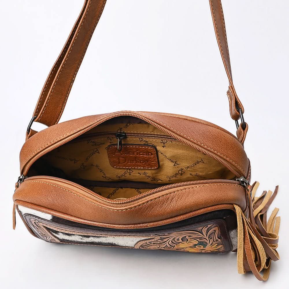 American Darling Adbg1524 Fanny Pack Hand Tooled Upcycled Wool Hair-On Genuine Leather Women Bag Western Handbag Purse
