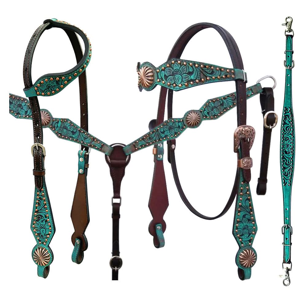 Bar H Equine American Leather Horse Saddle Tack One Ear Headstall | Breast Collar | Browband Headstall | Wither Strap | Tack Set for Horses Spotted Pinwheel Collection