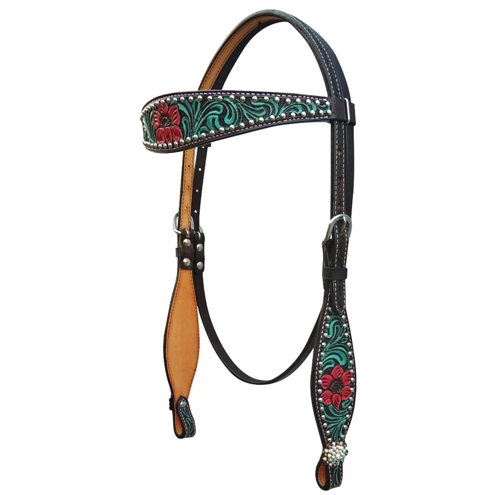 Bar H Equine American Leather Horse Saddle Tack One Ear Headstall | Breast Collar | Browband Headstall | Wither Strap | Tack Set for Horses Botanic Chiseled Collection