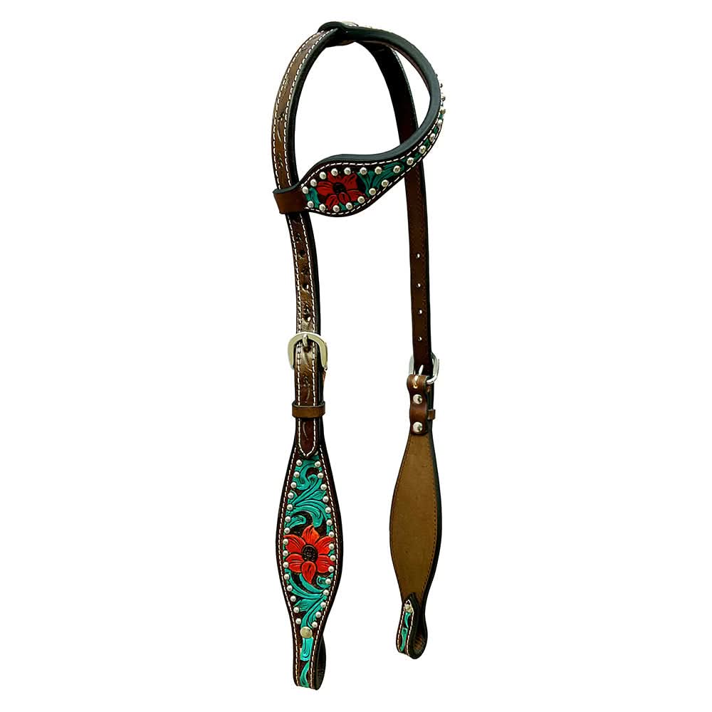 Bar H Equine American Leather Horse Saddle Tack One Ear Headstall | Breast Collar | Browband Headstall | Wither Strap | Tack Set for Horses Botanic Chiseled Collection