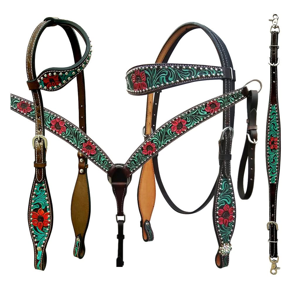 Bar H Equine American Leather Horse Saddle Tack One Ear Headstall | Breast Collar | Browband Headstall | Wither Strap | Tack Set for Horses Botanic Chiseled Collection