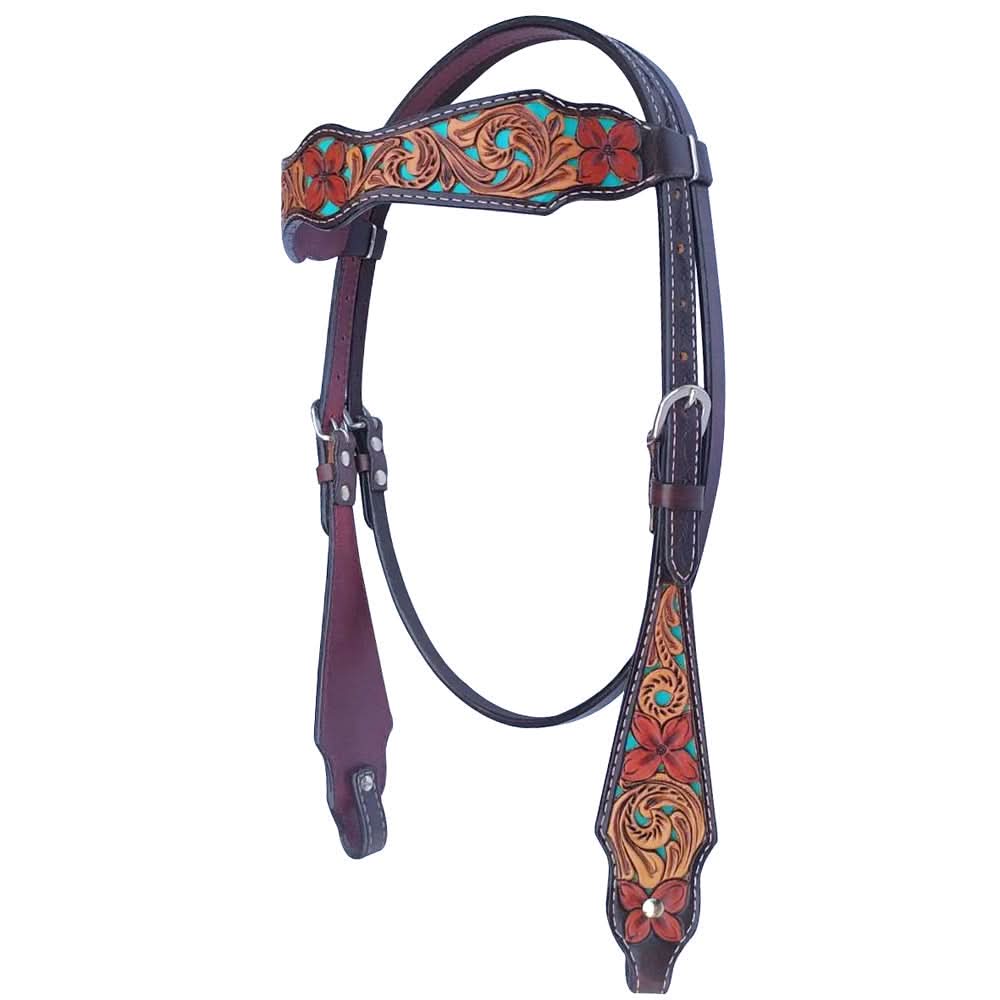 Bar H Equine American Leather Horse Saddle Tack One Ear Headstall | Breast Collar | Browband Headstall | Wither Strap | Tack Set for Horses Tropical Turquoise Curved Collection