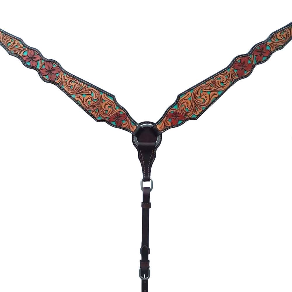 Bar H Equine American Leather Horse Saddle Tack One Ear Headstall | Breast Collar | Browband Headstall | Wither Strap | Tack Set for Horses Tropical Turquoise Curved Collection