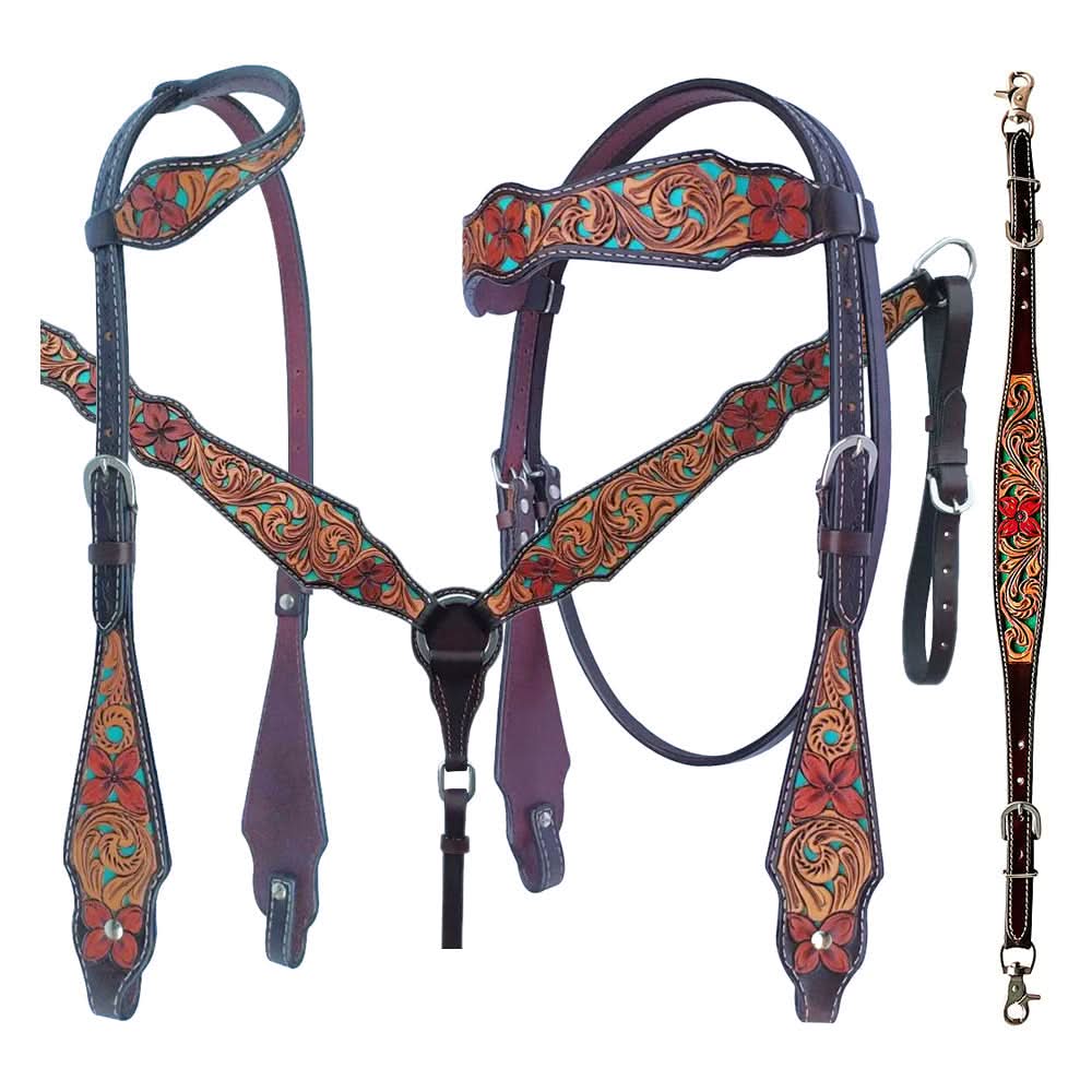 Bar H Equine American Leather Horse Saddle Tack One Ear Headstall | Breast Collar | Browband Headstall | Wither Strap | Tack Set for Horses Tropical Turquoise Curved Collection