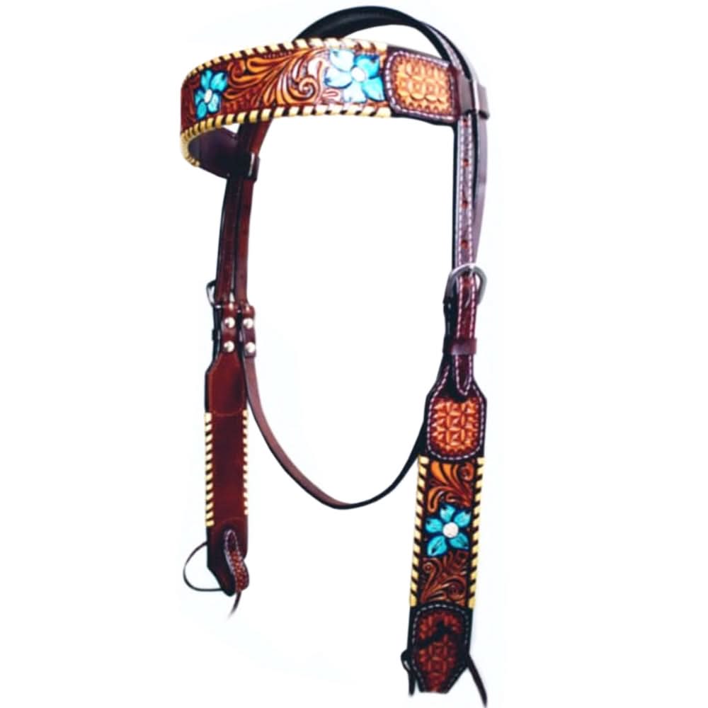 Bar H Equine American Leather Horse Saddle Tack One Ear Headstall | Breast Collar | Browband Headstall | Wither Strap | Tack Set for Horses Turquoise Bloom BER111