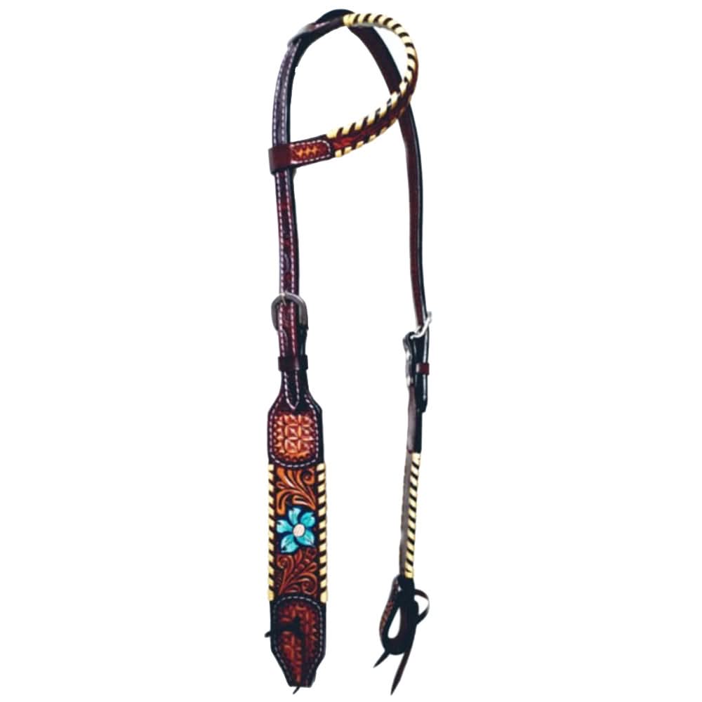 Bar H Equine American Leather Horse Saddle Tack One Ear Headstall | Breast Collar | Browband Headstall | Wither Strap | Tack Set for Horses Turquoise Bloom BER111