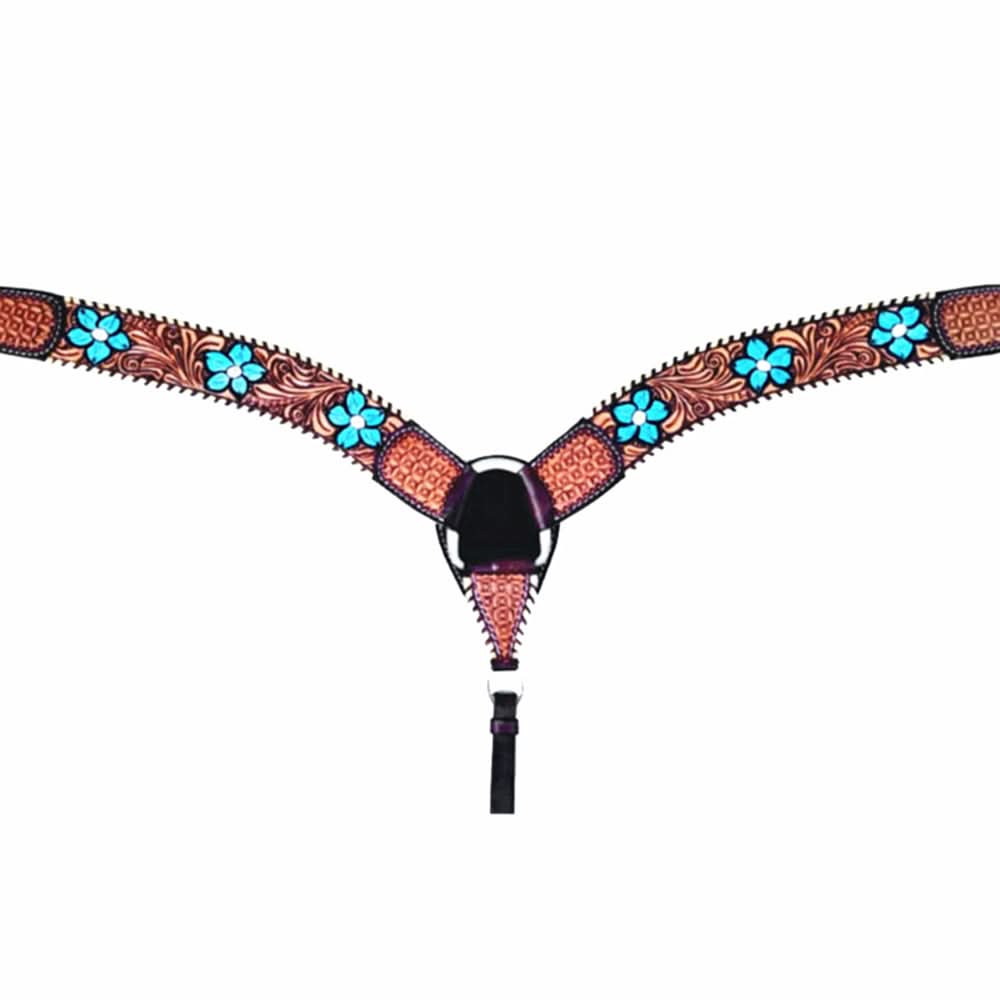 Bar H Equine American Leather Horse Saddle Tack One Ear Headstall | Breast Collar | Browband Headstall | Wither Strap | Tack Set for Horses Turquoise Bloom BER111