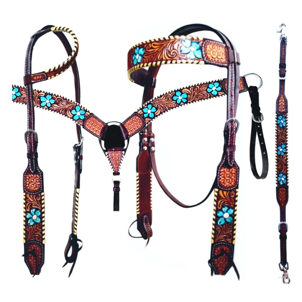 Bar H Equine American Leather Horse Saddle Tack One Ear Headstall | Breast Collar | Browband Headstall | Wither Strap | Tack Set for Horses Turquoise Bloom BER111