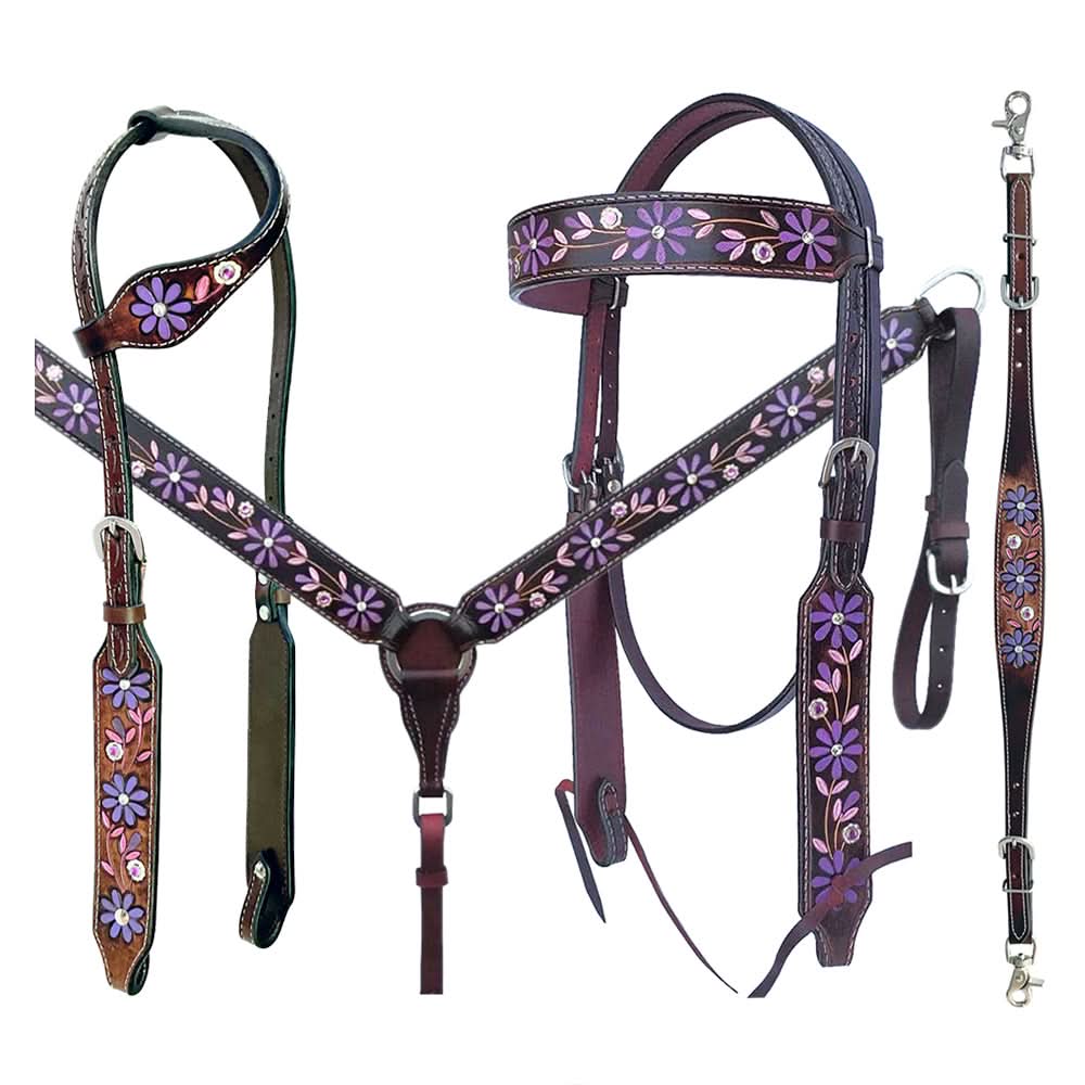Bar H Equine American Leather Horse Saddle Tack One Ear Headstall | Breast Collar | Browband Headstall | Wither Strap | Tack Set for Horses BER116