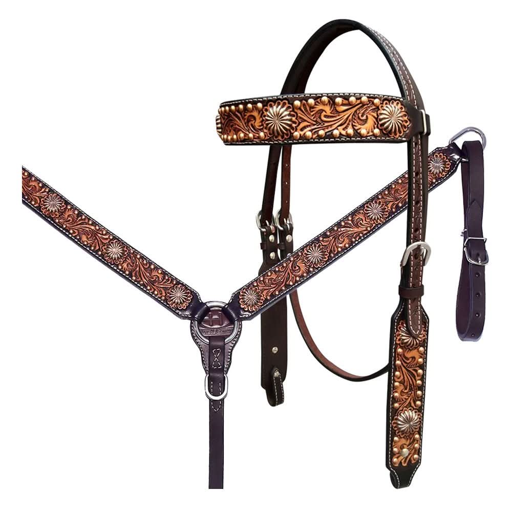 Bar H Equine Genuine Western American Leather Horse Premium Headstall & Breast Collar Set