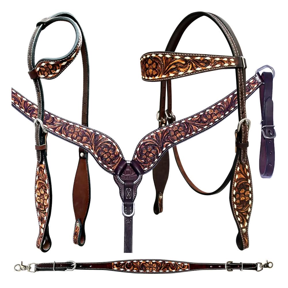 Bar H Equine Genuine Western American Leather Horse Premium Headstall & Breast Collar Set