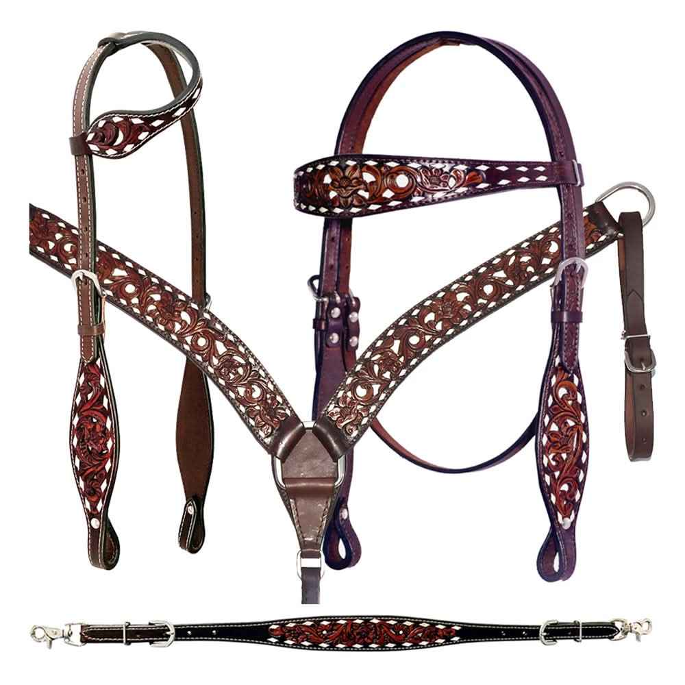 Bar H Equine American Leather Horse Saddle Tack One Ear Headstall | Breast Collar | Browband Headstall | Wither Strap | Tack Set BER246