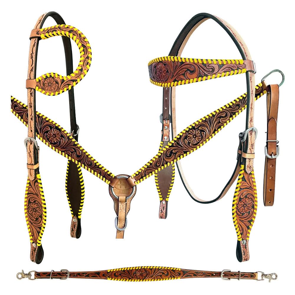 Bar H Equine American Leather Horse Saddle Tack One Ear Headstall | Breast Collar | Browband Headstall | Wither Strap | Tack Set BER257