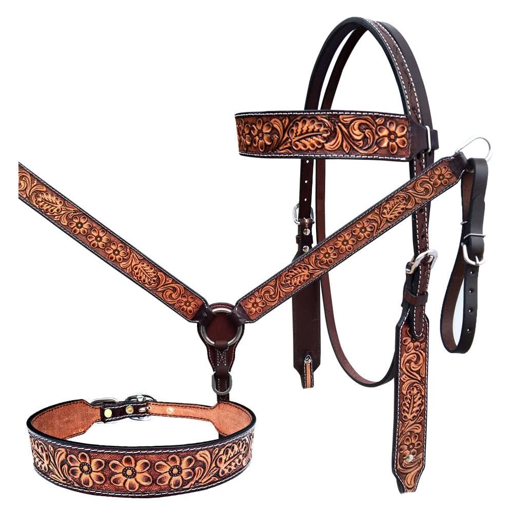 Bar H Equine Genuine Western American Leather Horse Premium Headstall & Breast Collar Set