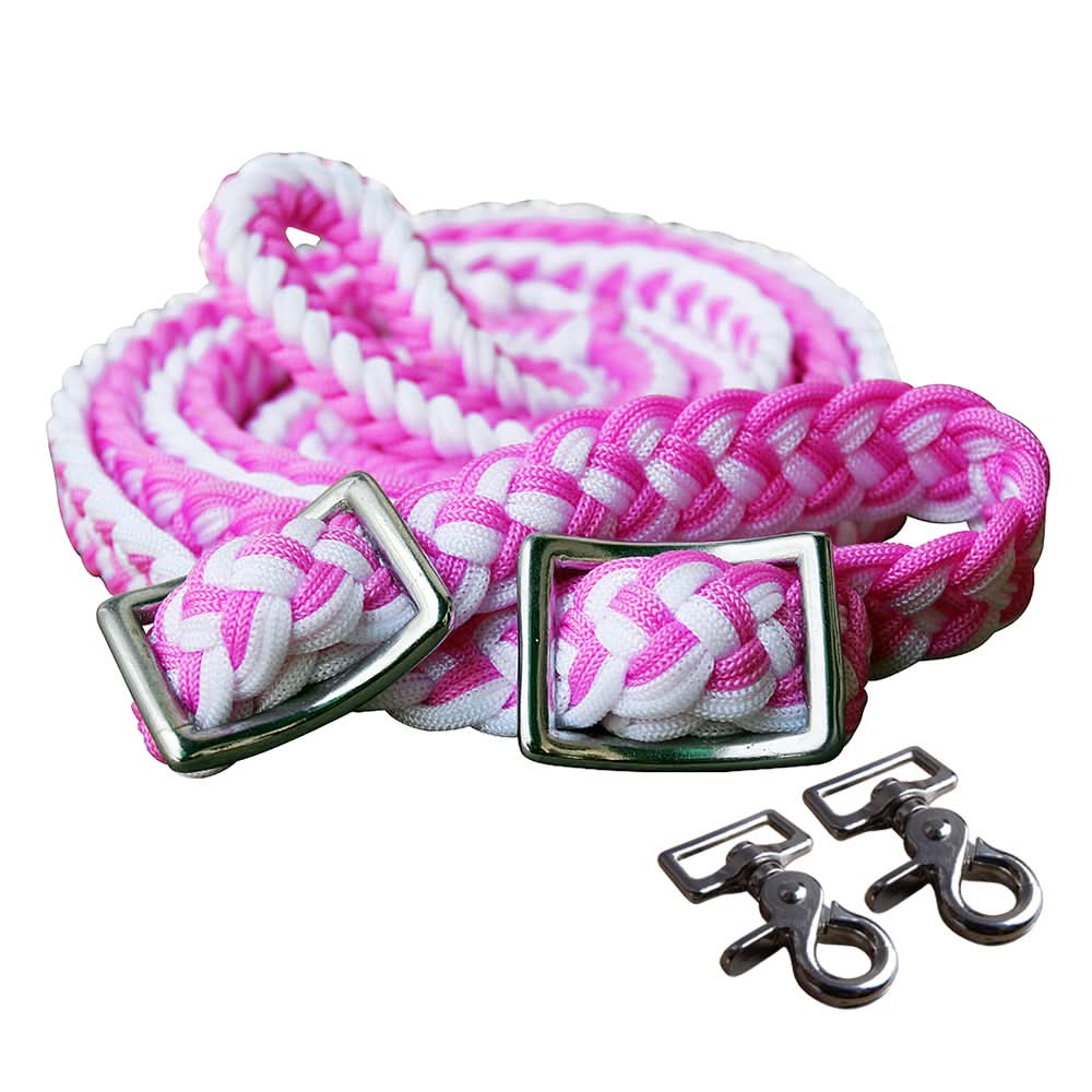 1" X 8Ft Hilason Braided Poly Barrel Horse Racing Reins Flat Grip Knots W/ Snaps