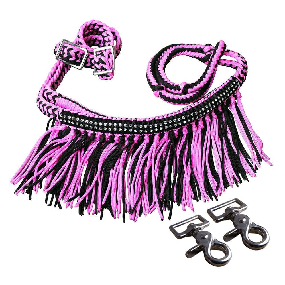 1" X 8Ft Hilason Braided Barrel Horse Racing Reins Knots Fringe Crystal W/ Snaps
