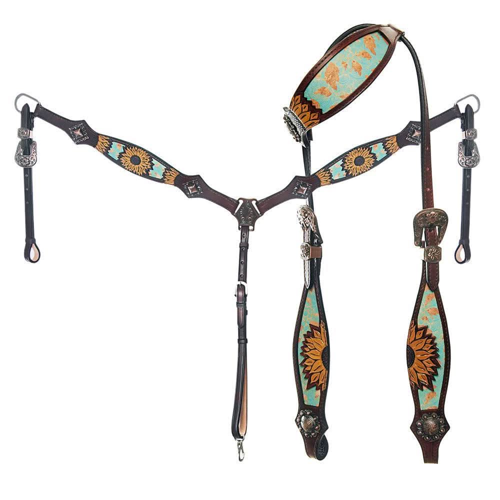 AMERICAN DARLING Western Horse One Ear Headstall Breast Collar Set Leather