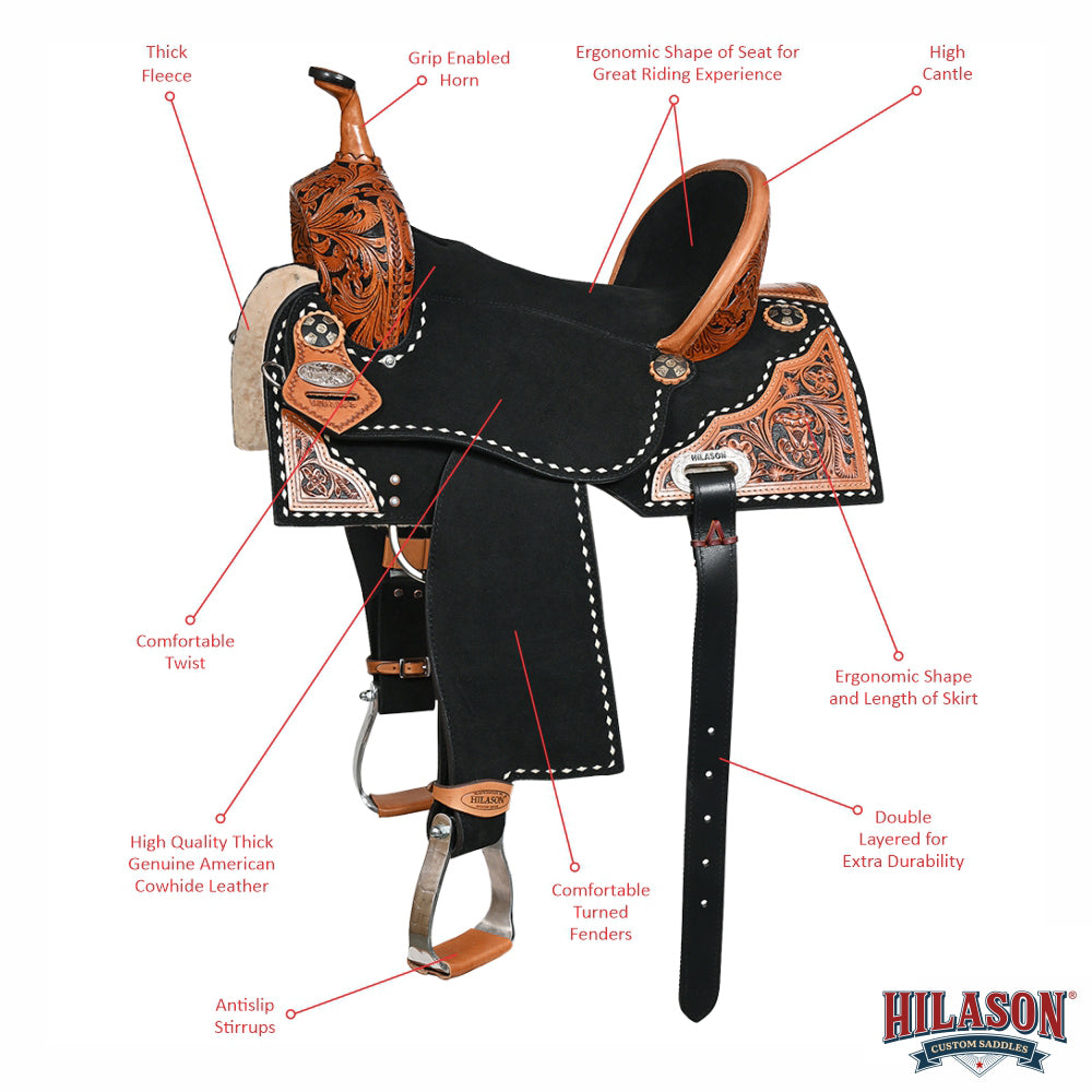 Hilason Western Horse Barrel Flex Tree Trail American Leather Saddle Black Gorgeous Floral Hand Tooled & Carved