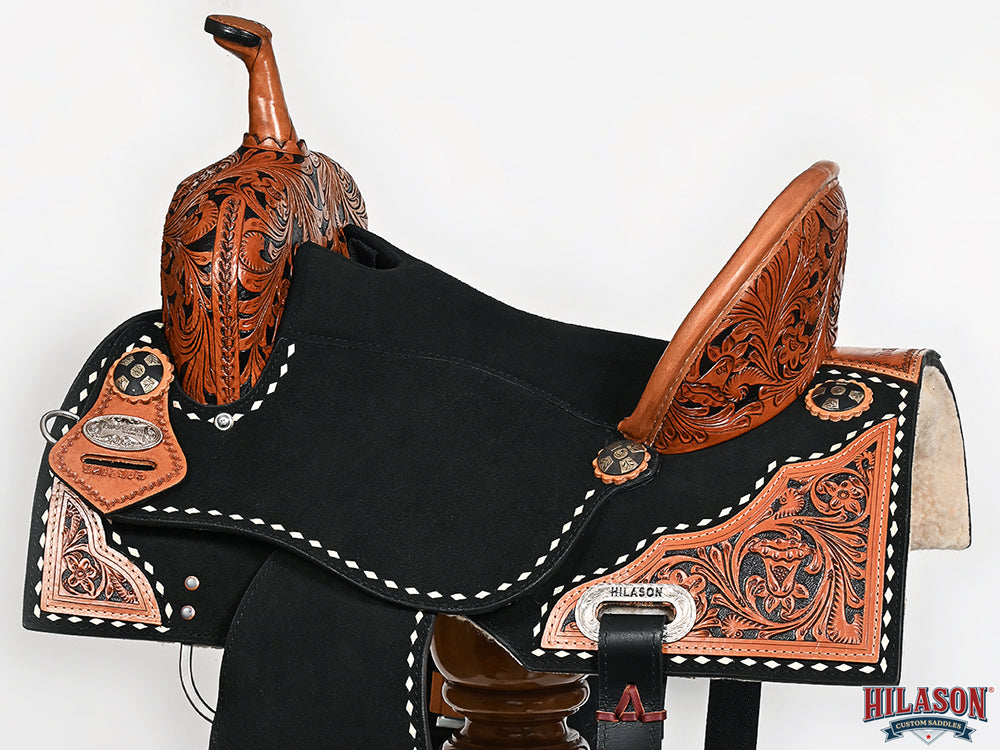 Hilason Western Horse Barrel Flex Tree Trail American Leather Saddle Black Gorgeous Floral Hand Tooled & Carved
