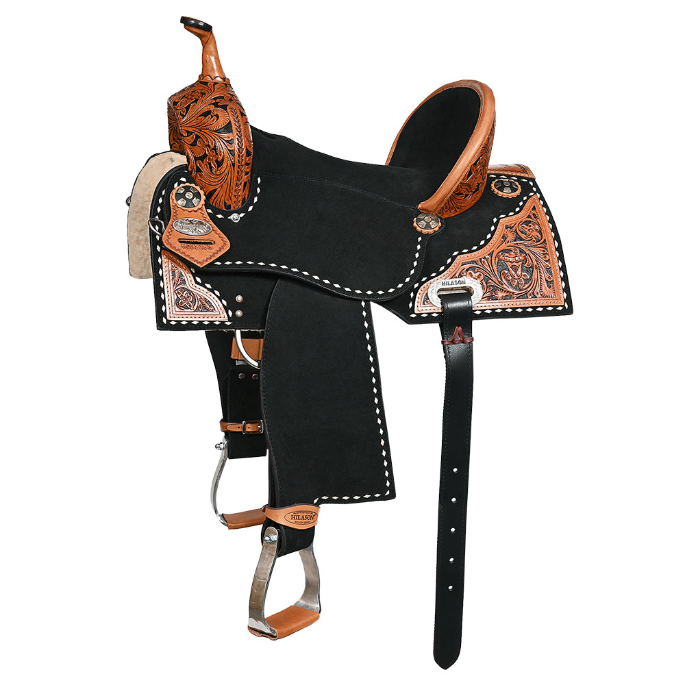 Hilason Western Horse Barrel Flex Tree Trail American Leather Saddle Black Gorgeous Floral Hand Tooled & Carved