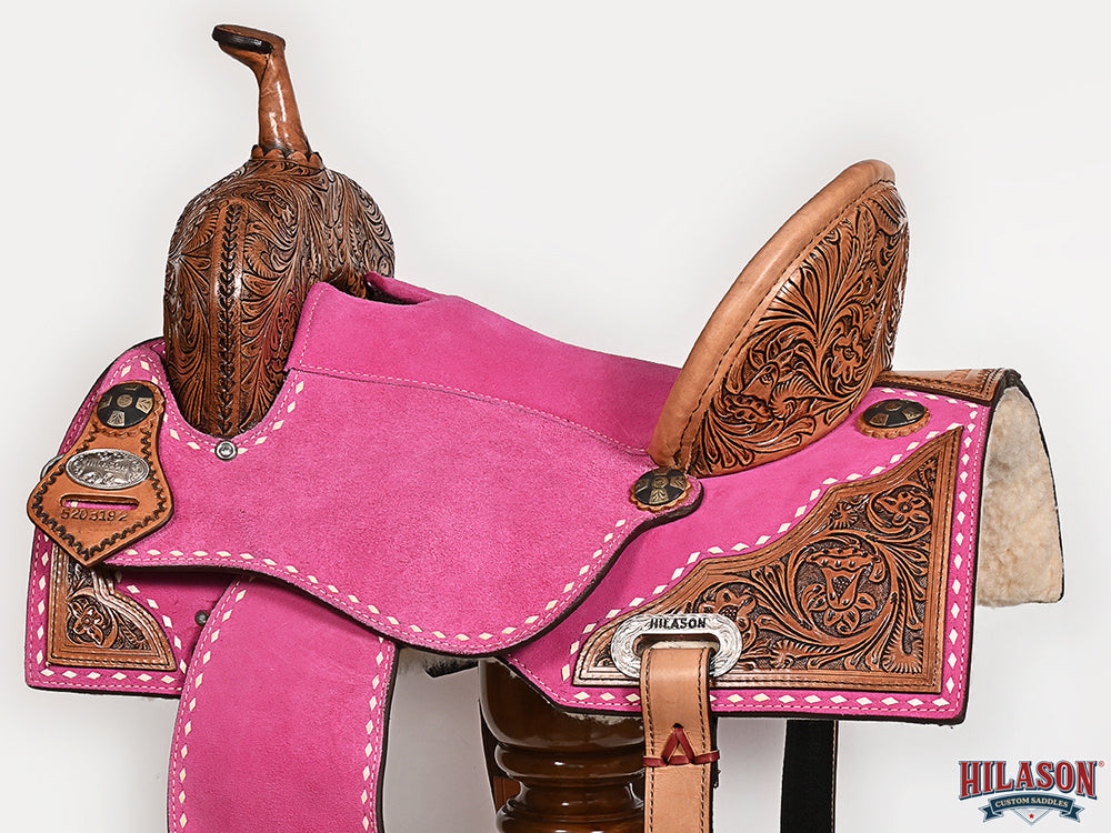 Hilason Western Horse Barrel Flex Tree Trail American Leather Saddle Pink Gorgeous Floral Hand Tooled & Carved