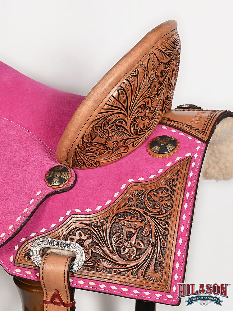 Hilason Western Horse Barrel Flex Tree Trail American Leather Saddle Pink Gorgeous Floral Hand Tooled & Carved
