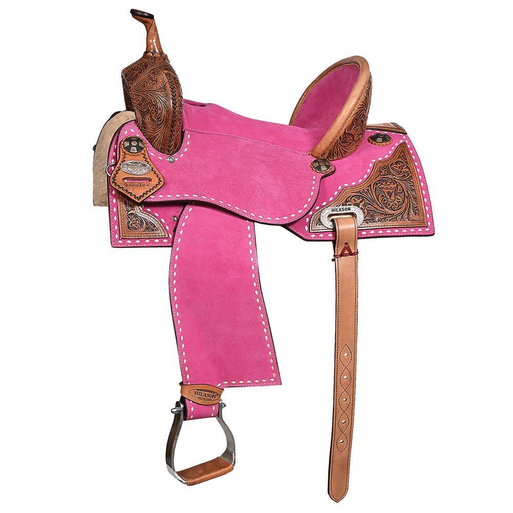 Hilason Western Horse Barrel Flex Tree Trail American Leather Saddle Pink Gorgeous Floral Hand Tooled & Carved