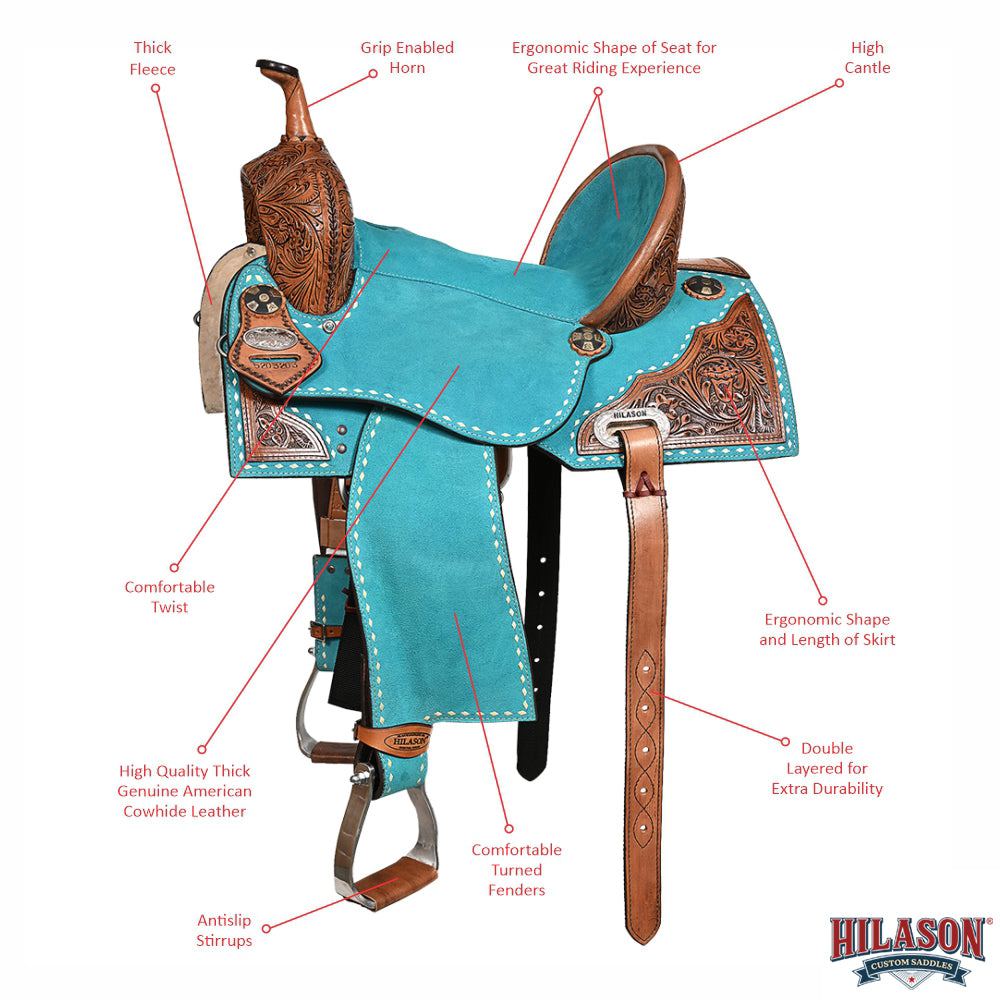 Hilason Western Horse Barrel Flex Tree Trail American Leather Saddle Turquoise Gorgeous Floral Hand Tooled & Carved