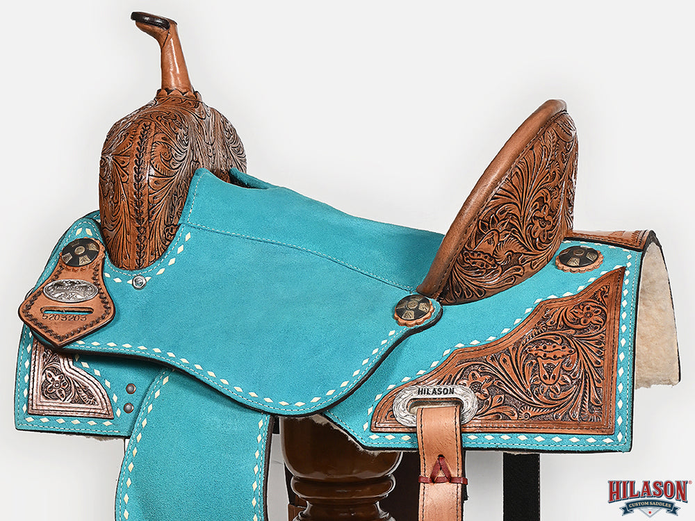 Hilason Western Horse Barrel Flex Tree Trail American Leather Saddle Turquoise Gorgeous Floral Hand Tooled & Carved