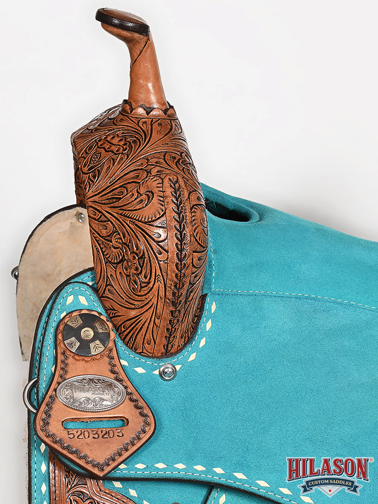 Hilason Western Horse Barrel Flex Tree Trail American Leather Saddle Turquoise Gorgeous Floral Hand Tooled & Carved