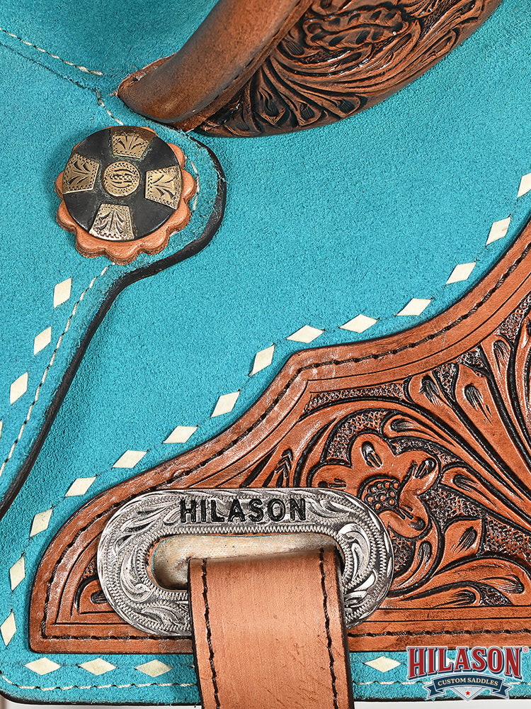 Hilason Western Horse Barrel Flex Tree Trail American Leather Saddle Turquoise Gorgeous Floral Hand Tooled & Carved