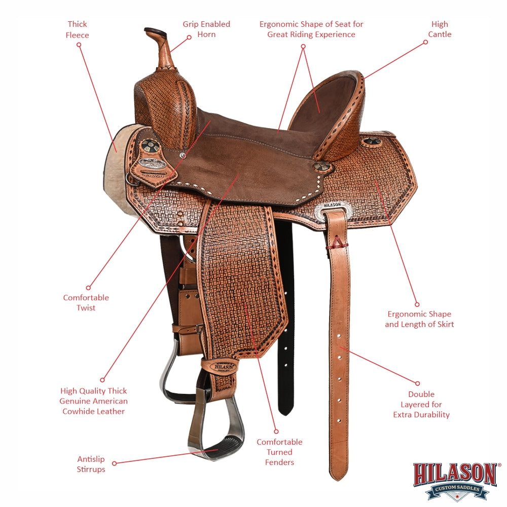 Hilason Western Horse Barrel Flex Tree Trail American Leather Saddle Tan Gorgeous Basket Weave Poker Card Hand Tooled