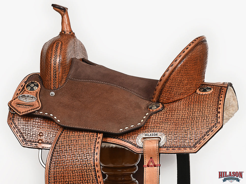 Hilason Western Horse Barrel Flex Tree Trail American Leather Saddle Tan Gorgeous Basket Weave Poker Card Hand Tooled