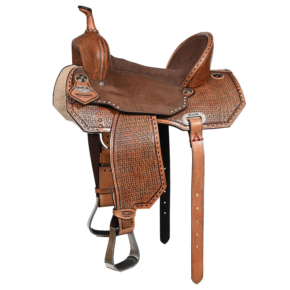 Hilason Western Horse Barrel Flex Tree Trail American Leather Saddle Tan Gorgeous Basket Weave Poker Card Hand Tooled
