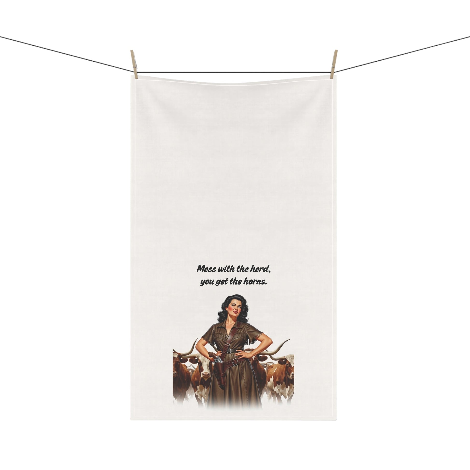 Sassy Rustic Vintage Tea Towels, "Mess with the herd, you get the horns" Fun Kitchen and Bar Decor, Country Home Gift, Farmhouse Style, Humorous Tea Towel