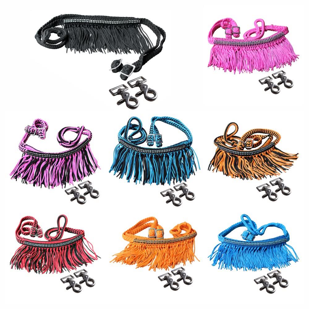1" X 8Ft Hilason Braided Barrel Horse Racing Reins Knots Fringe Crystal W/ Snaps