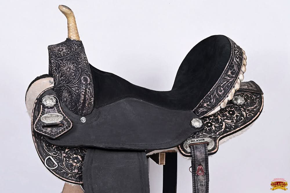 Antique Black Western Barrel Saddle With Flex Tree And Hand Tooled Floral