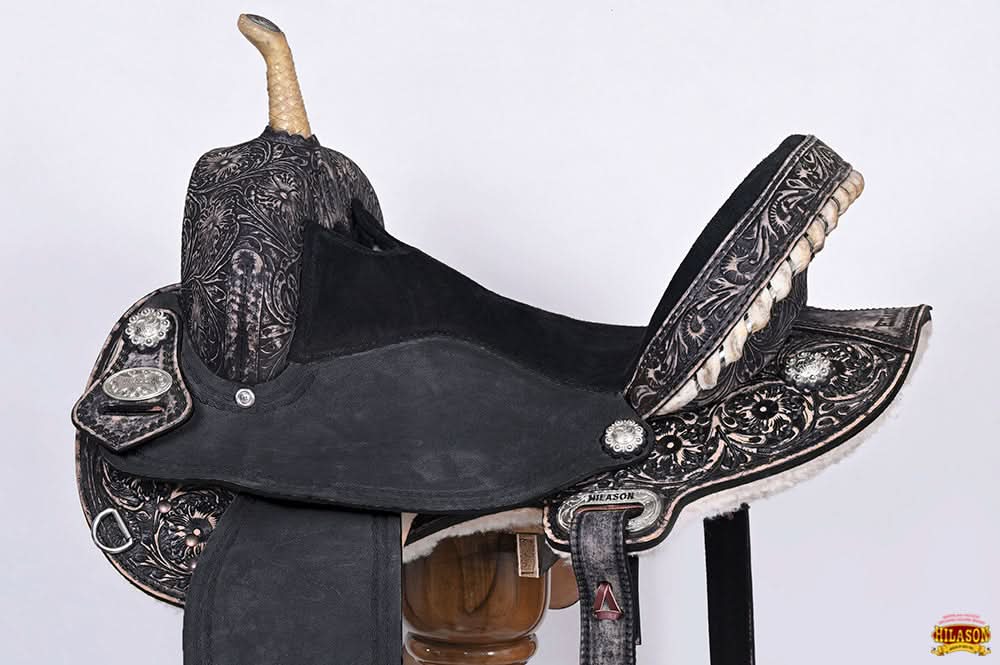 Antique Black Western Barrel Saddle With Flex Tree And Hand Tooled Floral
