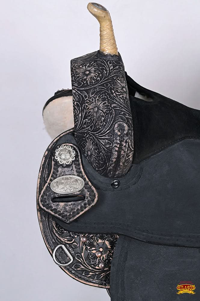 Antique Black Western Barrel Saddle With Flex Tree And Hand Tooled Floral