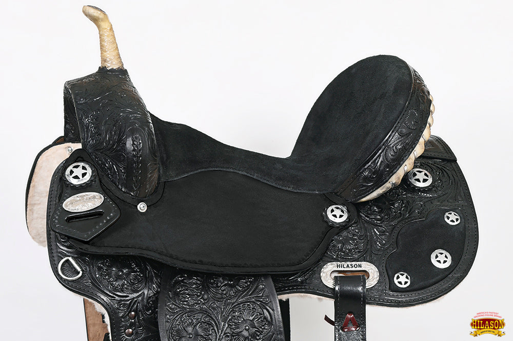 Hilason Flex Tree Western Horse Saddle American Leather Trail Barrel Black With  Floral Hand Carved