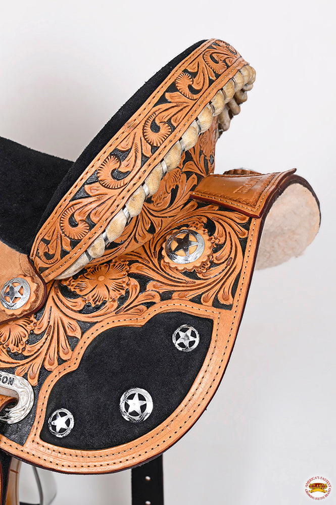 Hilason Flex Tree Western Horse Saddle American Leather Trail Barrel Tan / Black Inlay With Floral Hand Carved