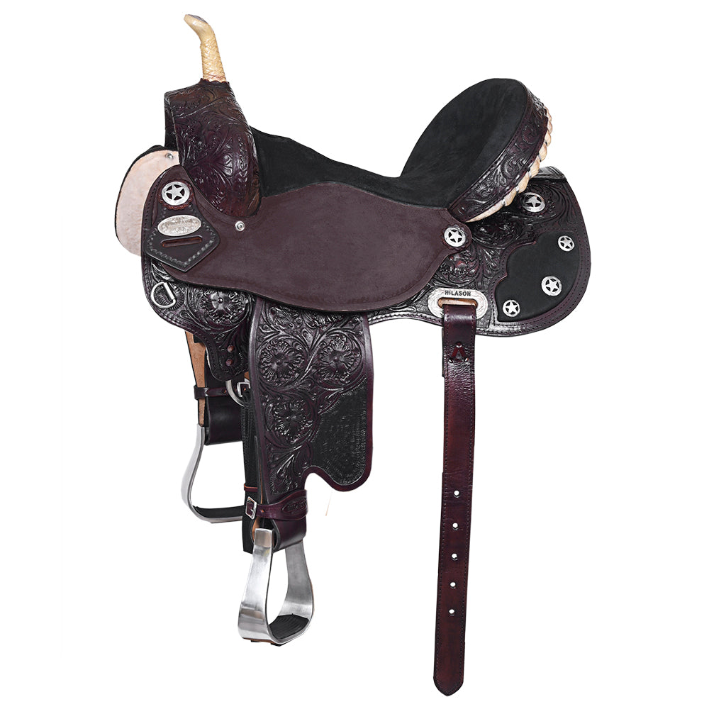 Hilason Flex Tree Western Horse Saddle American Leather Trail Barrel Dark Brown With  Floral Hand Carved