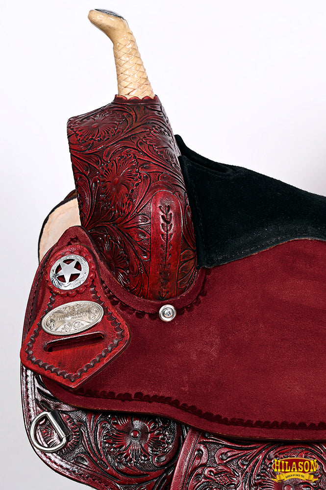 Hilason Western Horse Barrel Flex Tree Trail American Leather Saddle Mahogany Gorgeous Floral Hand Tooled & Carved