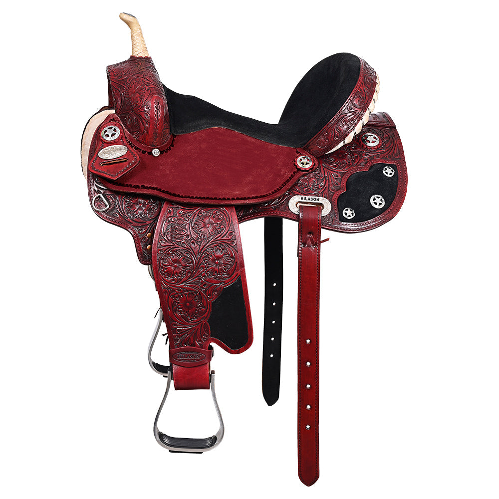 Hilason Western Horse Barrel Flex Tree Trail American Leather Saddle Mahogany Gorgeous Floral Hand Tooled & Carved