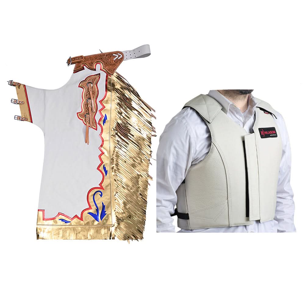 HILASON Western Horse Bull Riding Safety Leather Protective Vest & Rodeo Chaps Combo