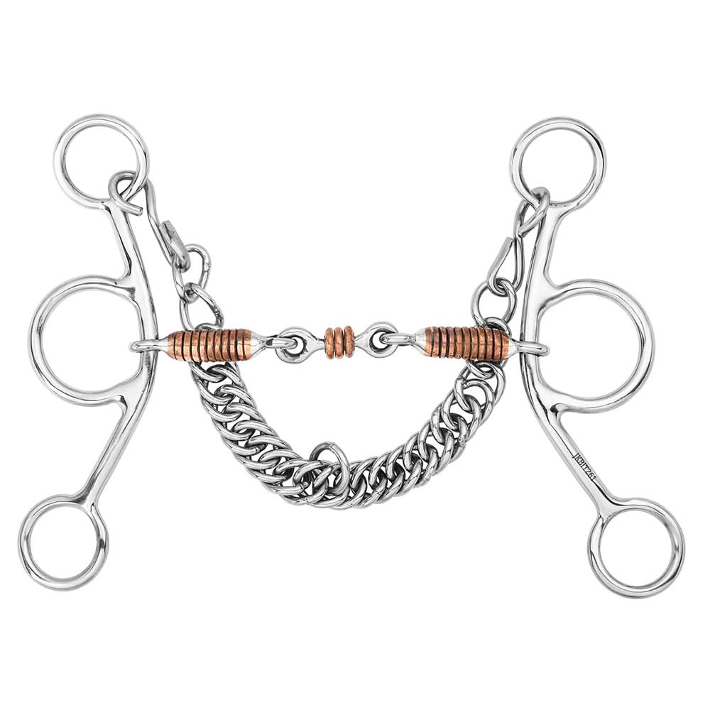 BAR H EQUINE Western Gag Bit with Copper Wire-Wrapped Mouth Copper Roller & Curb Chain