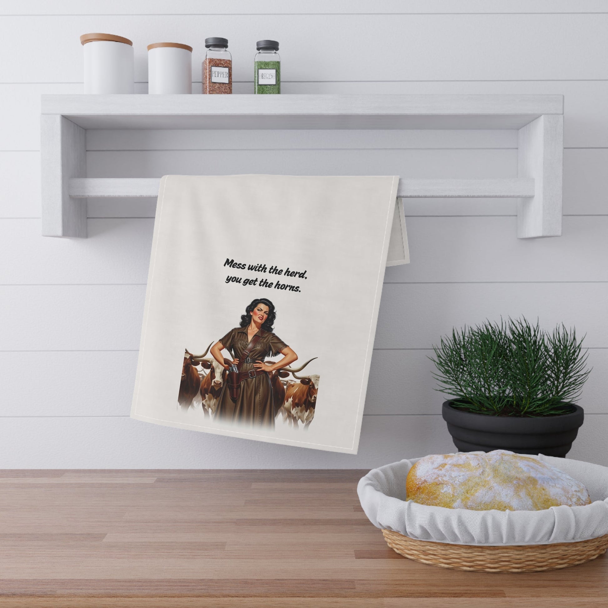Sassy Rustic Vintage Tea Towels, "Mess with the herd, you get the horns" Fun Kitchen and Bar Decor, Country Home Gift, Farmhouse Style, Humorous Tea Towel
