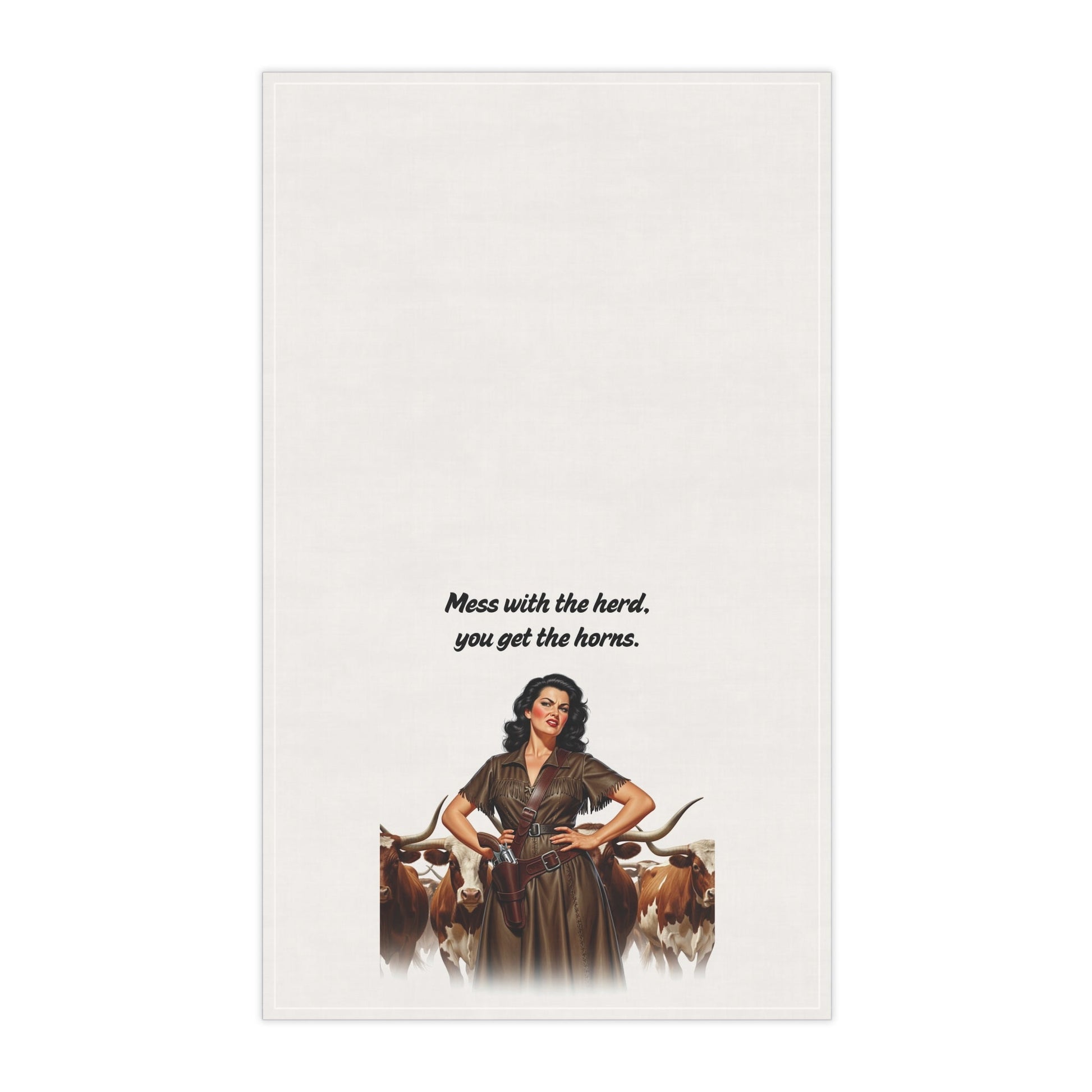 Sassy Rustic Vintage Tea Towels, "Mess with the herd, you get the horns" Fun Kitchen and Bar Decor, Country Home Gift, Farmhouse Style, Humorous Tea Towel