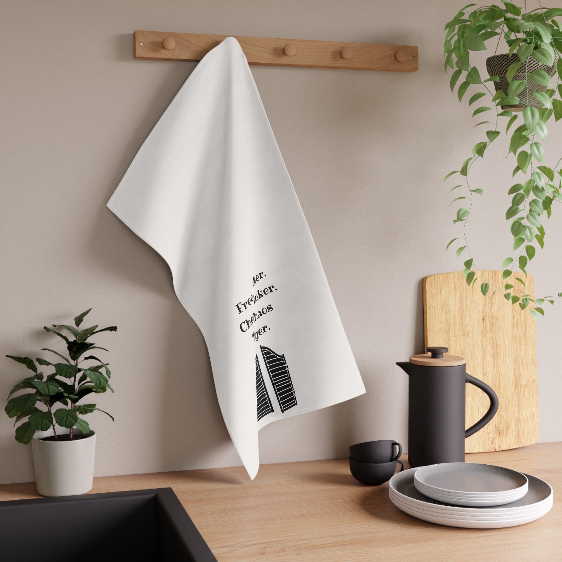 "Free Thinker, Cheap Drinker. Total chaos bringer." Dish Towel. Western Kitchen and Bar Decor, housewarming gift, funny party decor