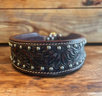 Dark leather tooled dog collar